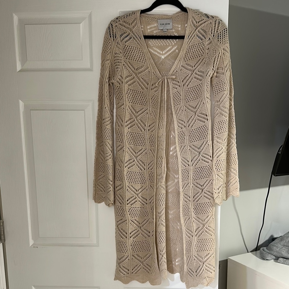 Beige Crochet Open Cardigan